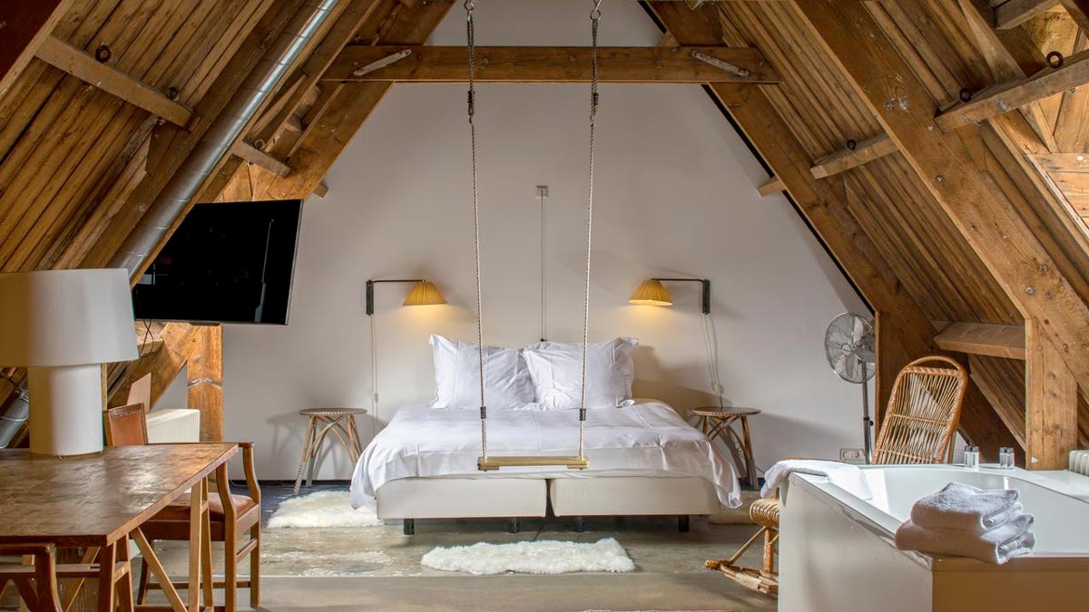 a bedroom with a swing from the ceiling