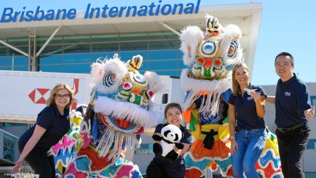 Dancing dragons celebrating launch of Guangzou to Brisbane route