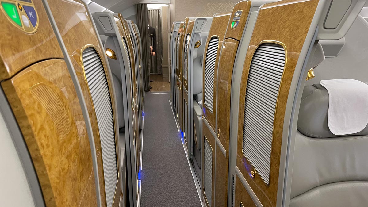 a row of wooden doors on an airplane