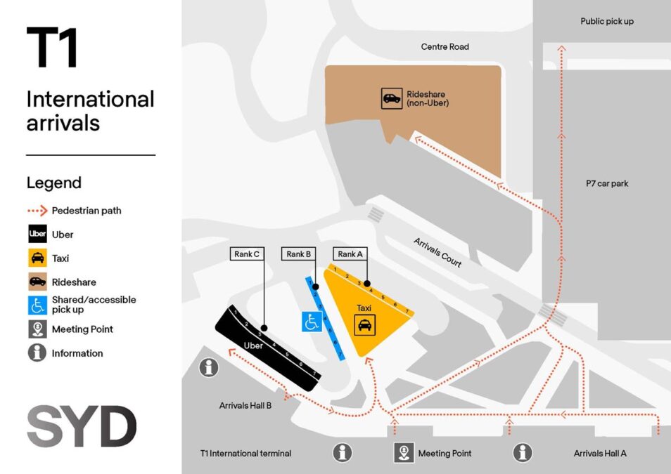 a map of a airport Taxi and Uber pickup areas