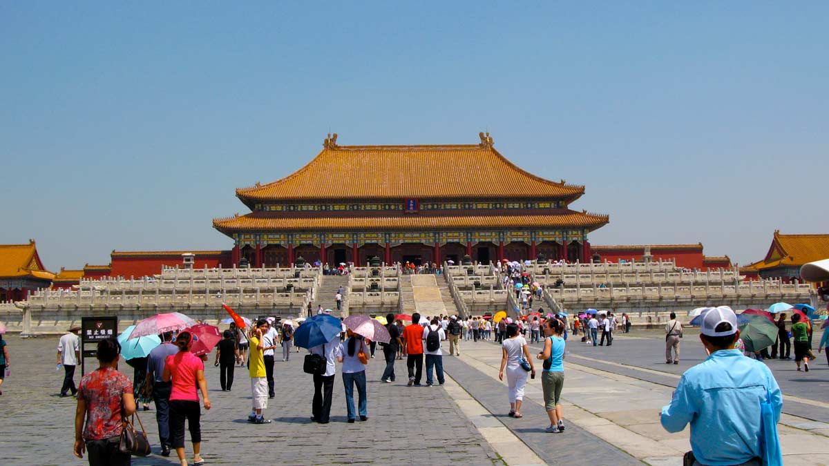 a group of people walking in front of Forbidden City