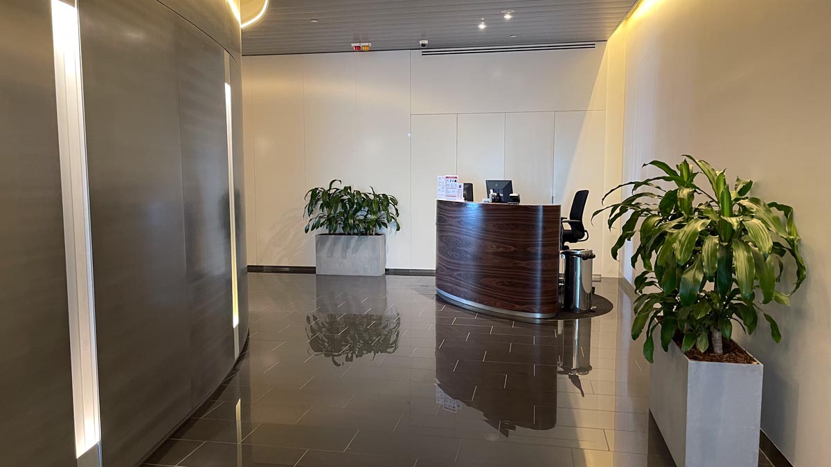 a reception desk in a lobby