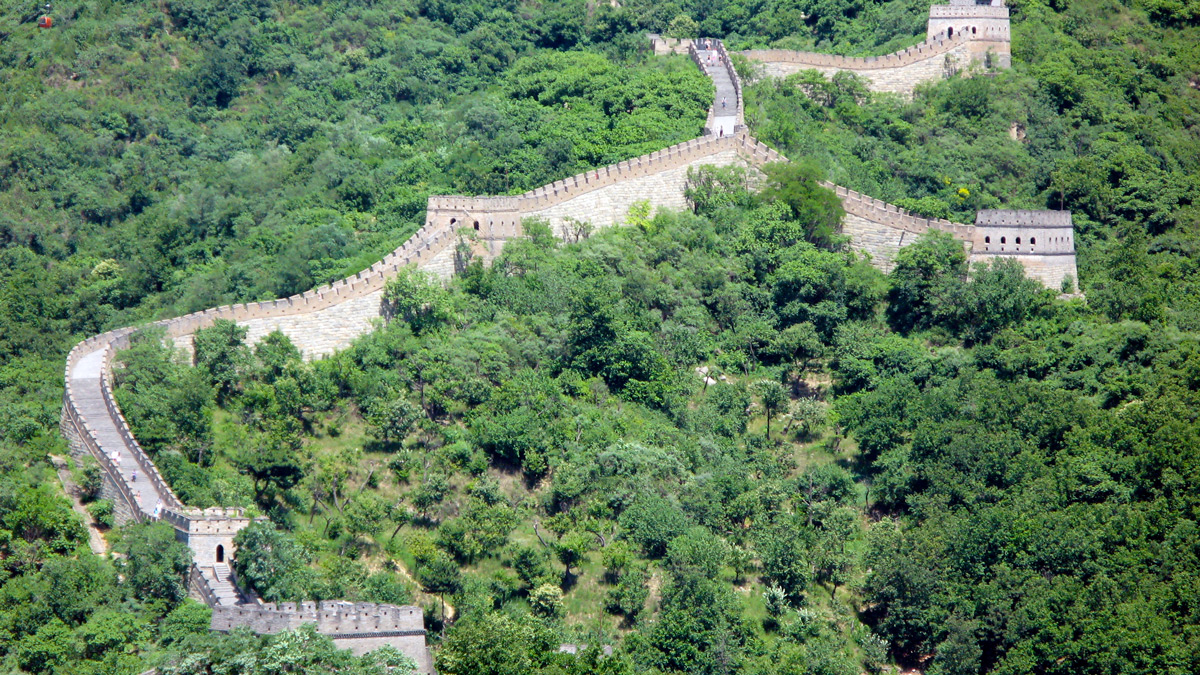 a long wall with trees around it