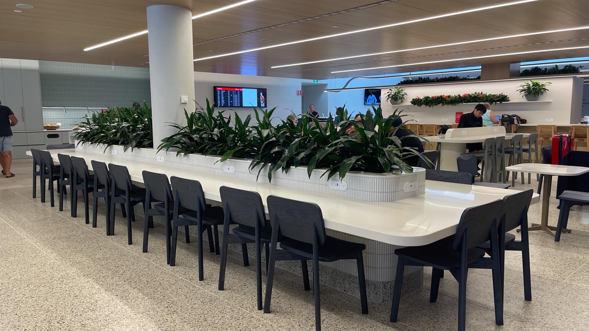 a long white table with black chairs and plants in it